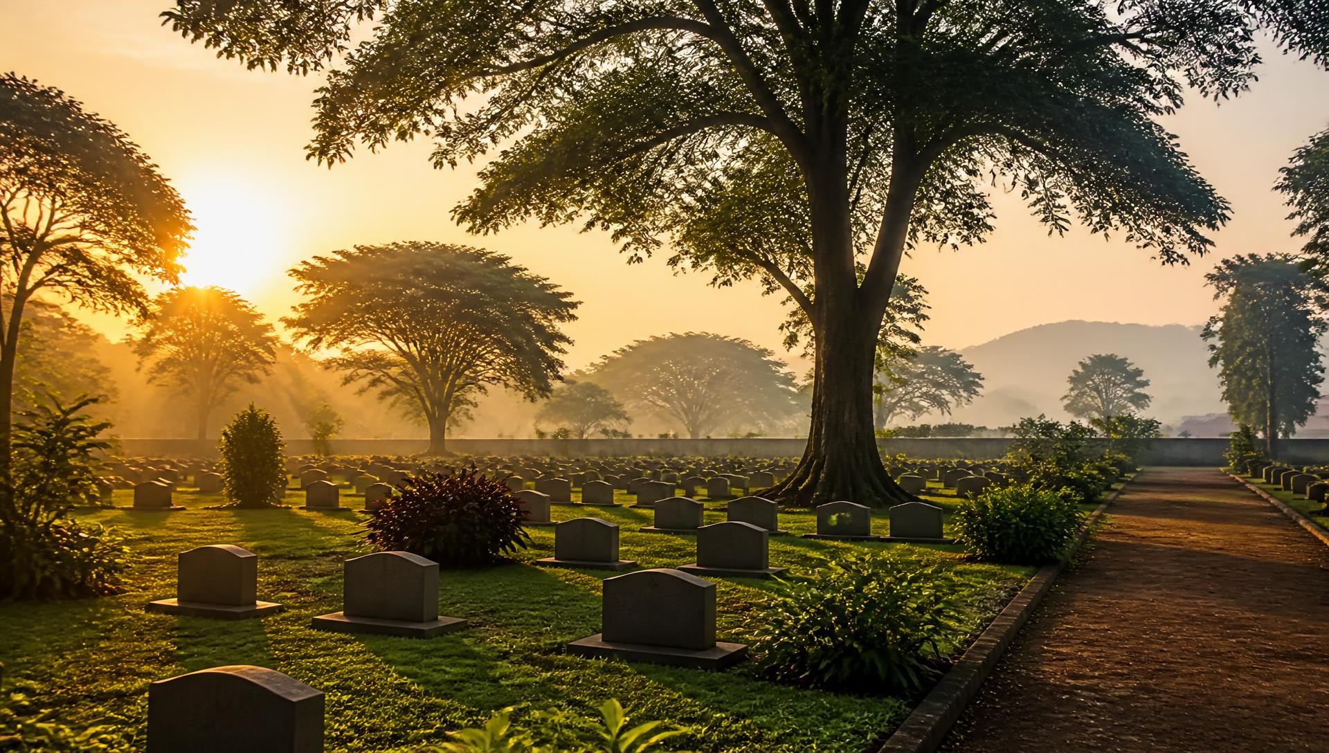 Quiet, well-kept burial grounds at dawn